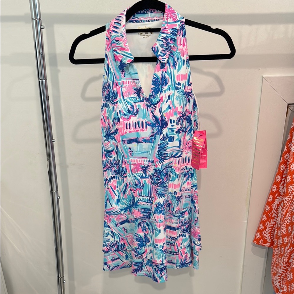 Tropical V neck Dress in Pink and Blue